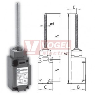 KSBP5H93Z02 Koncový spínač ovládaný nerezovou pružinou, 2V, s mžikovou funkcí, kabel.vstup 1x M20, 195x40,5x41, IP65