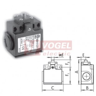 KSDP3T10Z02 Koncový spínač s nylónovým čepem 8mm, 2V, s mžikovou funkcí, kabel.vstup 2xPG11, 66x33x57mm, IP65