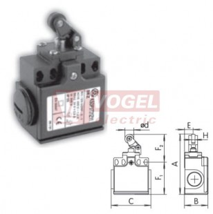 KSDP3T31Z02 Koncový spínač s pákou, s kladkou a kovovým čepem 12,5mm, 2V, s mžikovou funkcí, kabel.vstup 2xPG11, 85x33x57mm, IP65