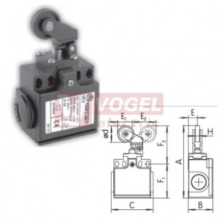 KSDP3T38W02 Koncový spínač s plast.pákou a kladkou s kov.čepem 22mm, 2V, bez mžikové funkce, kabel.vstup 2xPG11, 97x33x57mm, IP65