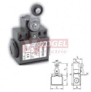 KSDP3T41Y11 Koncový spínač s pákou a nylónovou kladkou 18mm, 1Z+1V, bez mžikové funkce, s přesahem, kabel.vstup 2xPG11, 99x33x57mm, IP65