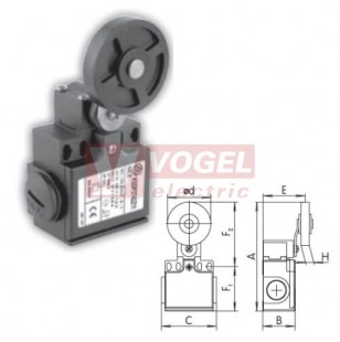 KSDP3T42Y11 Koncový spínač s pákou a gumovou kladkou 50mm, 1Z+1V, bez mžikové funkce, s přesahem, kabel.vstup 2xPG11, 115x33x57mm, IP65