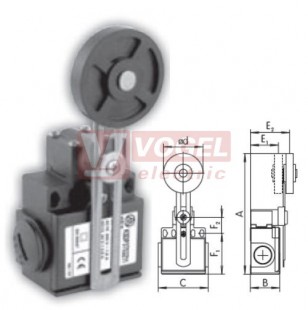 KSDP3T52Y11 Koncový spínač s nastavitelnou pákou a gumovou kladkou 50mm, 1Z+1V, bez mžikové funkce, s přesahem, kabel.vstup 2xPG11, 118,5-177x33x57mm, IP65