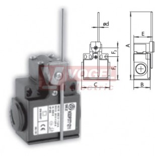 KSDP3T72W20 Koncový spínač ovládaný sklolaminátová tyčka 3mm, 2Z, bez mžikové funkce, kabel.vstup 2xPG11, 223,5x33x57mm, IP65
