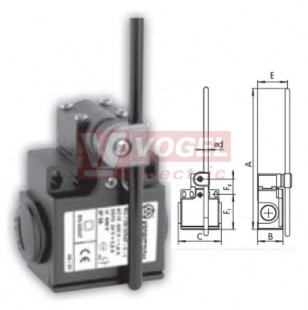 KSDP3T73Y11 Koncový spínač ovládaný nylónová tyčka 6mm, 1Z+1V, bez mžikové funkce, s přesahem, kabel.vstup 2xPG11, 248,5x33x57mm, IP65