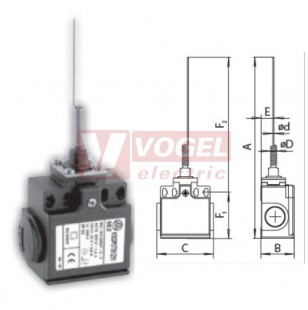 KSDP3T91Y11 Koncový spínač ovládaný nerezovou pružinou s drátovým ukončením 1,2mm, 1Z+1V, bez mžikové funkce, s přesahem, kabel.vstup 2xPG11, 181x33x57mm, IP65