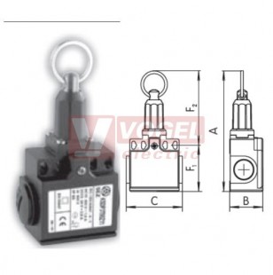 KSDP3T98X11 Koncový spínač ovládaný tahem, očko, 1Z+1V, bez mžikové funkce, bez přesahu, kabel.vstup 2xPG11, 120x33x57mm, IP65