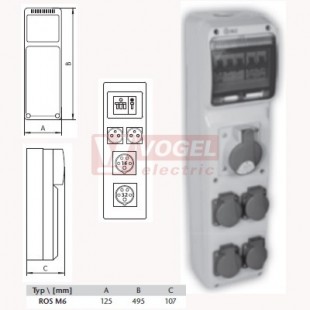 ROS M6/I-02 zásuvková kombinace jistěná IP65, 1x5P/16A/400V, 1x 5P/32A/400V, 2x3P/16A/230V, jistič 1x3P/16A/C a 1x1P/16A/C