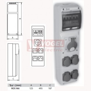 ROS M6/I-03 zásuvková kombinace jistěná IP54, 1x5P/16A/400V, 4x3P/16A/230V, jistič 1x3P/16A/C a 2x1P/16A/C