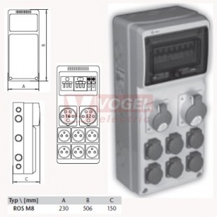 ROS M8/I-003 zásuvková kombinace jistěná IP65, 1x5P/16A/400V, 1x 5P/32A/400V, 6x3P/16A/230V, jistič 1x3P/32A/C, 1x3P/16A/C a 2x1P/16A/C