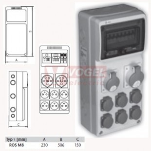 ROS M8/I-003 zásuvková rozvodnice 1xIE1653+1xIE3253+6xVZ16- jištěná