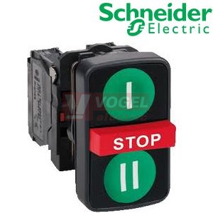 XB5AA731327  Ovládač stiskací třítlačítkový s návratem, ZE/ZE symboly "I/II" lícuj.,RU "STOP" s přesahem, kontakty 1Z+1V+1Z