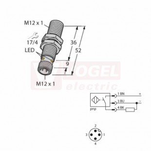 Bi4-M12-AP6X-H1141 snímač indukční se zvýšenou spínací vzáleností, M12, PNP/NO, mosaz, stíněný, Sn=4mm, konektor M12/3pin, 10-30VDC, IP67