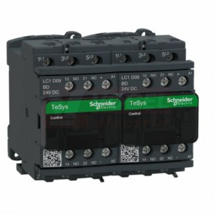 LC2D09MD      Stykač reverzační 3P 9A AC-3, 220V DC, pom.kont. 1"Z"+1"V" šroub.svorky, cívka s rozšíř.rozsahem a odruš.m.