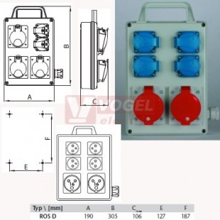 ROS 1607 D zásuvková rozvodnice 2 x IE 1632, 4x230V, s držadlem, IP44