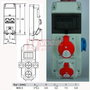 ROS 5/x-55 zásuvková rozvodnice 1xIE 3243+1xIE1643+2x230V/16A IP44, bez jištění s možností doplnění