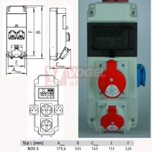 ROS 5/I-16 zásuvková rozvodnice 1xIE 3253+1xIE1653+2x230V/16A- jištěná IP44