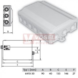 6410-30 Krabicová rozvodka IP54, 135x90x40mm, RAL7035, prázdná, 2x vnější mont.příchytka