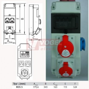 ROS 5/I-13 zásuvková rozvodnice 1xIE1653+2x230V/16A- jištěná IP44
