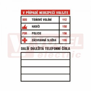 Samolepka bezpečnostní "V PŘÍPADĚ NEBEZPEČÍ VOLEJTE" (tabulka důležitých telefonních čísel), (DT032)