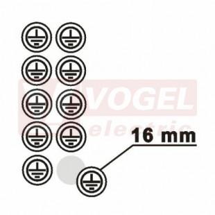 Samolepka bezpečnostní "Znak uzemnění v kruhu" (černý tisk, bílý podklad), (1arch=10ks), průměr 1,6cm, (DT012H) předsekáno