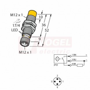 Ni10U-M12-AP6X-H1141 snímač indukční se zvýšenou spínací vzdálenost, M12, nestíněný, mosaz, Sn=10mm, PNP/NO, konektor M12, 10-30VDC, rozměr 52mm, IP68