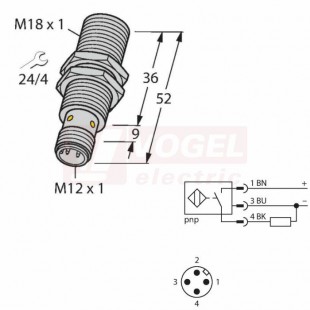 Bi8U-EM18WD-AP6X-H1141 snímač indukční M18x1, Sn=8mm, nerez, stíněný, PNP/NO, konektor M12, 10-30VDC, délka těla 52mm, IP68/IP69K