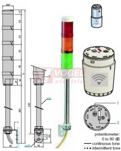 XVMM1R6AGS  Světelný sloup 230V, žárovka 5W, RU blikající, OR,ZE trvalý svit + bzučák 0-80dB, Al trubka + plast. podstavec, montáž na vodorovné plochy, IP42