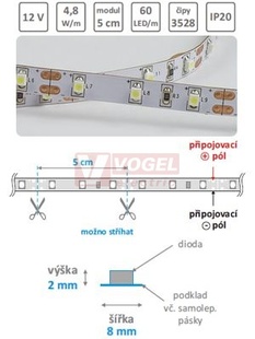 LED pásek te.bílý IP20, 12VDC, 4,8W/m (modul=5,0cm=3xSMD LED 3528), nevodotěsný, š=8/v=2mm, bílé pozadí, 3M lep.páska