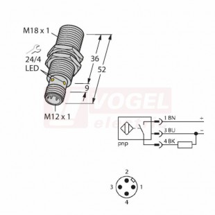 Bi5U-M18-AP6X-H1141 snímač indukční M18x1,5, Sn=5mm, stíněný, PNP/NO, mosaz, konektor M12x1, délka těla 52mm, IP68