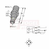 Bi5U-M18-AP6X-H1141 snímač indukční M18x1,5, Sn=5mm, stíněný, PNP/NO, mosaz, konektor M12x1, délka těla 52mm, IP68