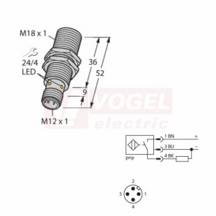 Bi5U-EM18-AP6X-H1141 snímač indukční M18x1,5, Sn=5mm, stíněný, PNP/NO, nerez, konektor M12x1, délka těla 52mm, 10-30VDC, IP68