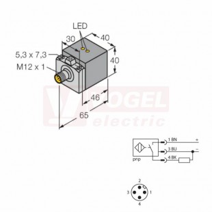 Bi20U-CA40-AP6X2-H1141 snímač indukční, kvádrový, stíněný, Sn=20mm, 10-30VDC, PNP/NO, konektor M12, kov, rozměr 65x40x40mm, IP67