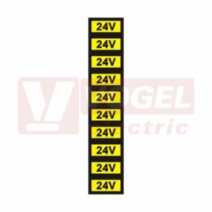 Samolepka výstrahy "24V" text 1,5x3cm (černý tisk, žlutý podklad), (0181B) (1arch=10ks)