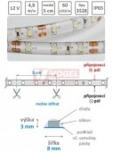 LED pásek st.bílý IP65, 12VDC, 4,8W/m (modul=5,0cm=3xSMD LED 3528), v silikonu, š=8/v=3mm, bílé pozadí, 3M lep.páska
