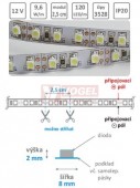 LED pásek st.bílý IP20, 12VDC, 9,6W/m (modul=2,5cm=3xSMD LED 3528), nevodotěsný, š=8/v=2mm, bílé pozadí, 3M lep.páska