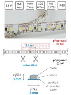 LED pásek te.bílý IP65, 12VDC, 9,6W/m (modul=2,5cm=3xSMD LED 3528), v silikonu, š=8/v=3mm, bílé pozadí, 3M lep.páska