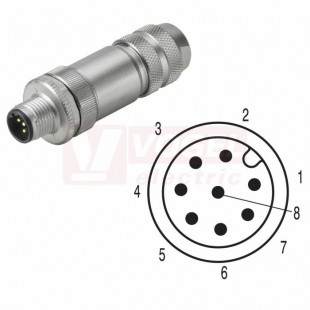 SAISM-8/11 konektor M12/8pin/vidl/přímý, kov.tělo, stíněné A-kódování, šroubové připojení, pro montáž 0,14-0,5mm2, sevření 8-10mm, IP67 (1118910000)