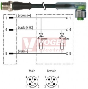 7000-40321-6230500 konektor M12/3-pin/vidl/přímý - kabel ČE PUR/PVC 3x0,34mm2 L=5,0m - konektor M12/3-pin/2xLED/zás/úhlový