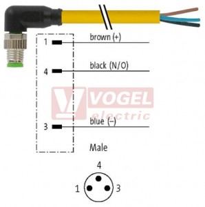 7000-08021-0300300 konektor M8/3-pin/vidl/úhlový - kabel ŽL PUR 3x0,25mm2 L=3,0m - volný konec