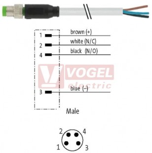 7000-08011-2210300 konektor M8/4-pin/vidl/přímý - kabel ŠE PUR/PVC 4x0,25mm2 L=3,0m - volný konec