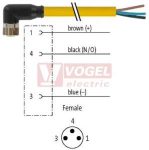7000-08081-0100300 konektor M8/3-pin/zás/úhlový - kabel ŽL PVC 3x0,25mm2 L=3,0m - volný konec