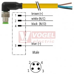 7000-08031-0210500 konektor M8/4-pin/vidl/úhlový - kabel ŽL PUR/PVC 4x0,25mm2 L=5,0m - volný konec