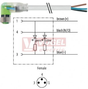 7000-08121-2100500 konektor M8/3-pin/2xLED/zás/úhlový - kabel ŠE PVC 3x0,25mm2 L=5,0m - volný konec
