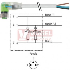 7000-08121-2100500 konektor M8/3-pin/2xLED/zás/úhlový - kabel ŠE PVC 3x0,25mm2 L=5,0m - volný konec