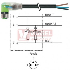 7000-08121-6100500 konektor M8/3-pin/2xLED/zás/úhlový - kabel ČE PVC 3x0,25mm2 L=5,0m - volný konec