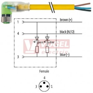 7000-08121-0100500 konektor M8/3-pin/2xLED/zás/úhlový - kabel ŽL PVC 3x0,25mm2 L=5,0m - volný konec