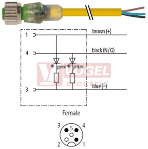 7000-12261-0130500 konektor M12/3-pin/2xLED/zás/přímý - kabel ŽL PVC 3x0,34mm2 L=5,0m - volný konec