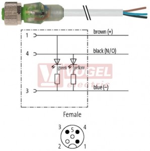 7000-12261-2130150 konektor M12/3-pin/2xLED/zás/přímý - kabel ŠE PVC 3x0,34mm2 L=1,5m - volný konec