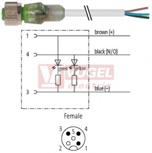 7000-12261-2132000 konektor M12/3-pin/2xLED/zás/přímý - kabel ŠE PVC 3x0,34mm2 L=20,0m - volný konec